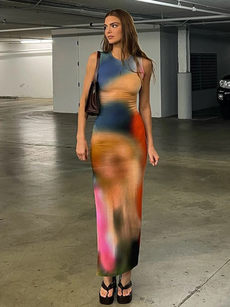 Hugcitar Tie Dye Print Ribbed Midi Dress For Women Summer Outfits Bodycon Side Slit Y2K Outfits Sexy Streetwear Long Dress 240615