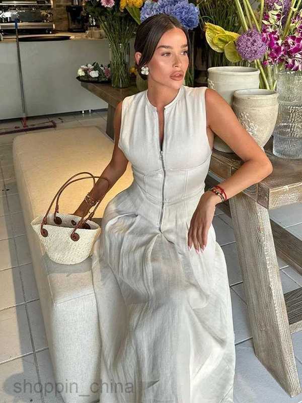 Basic Casual Dresses Fashion Sleeveless Spliced Zipper Maxi Dress Elegant V-neck High Waist Slim Pleated Long Dresses Summer Office Lady Street Robes