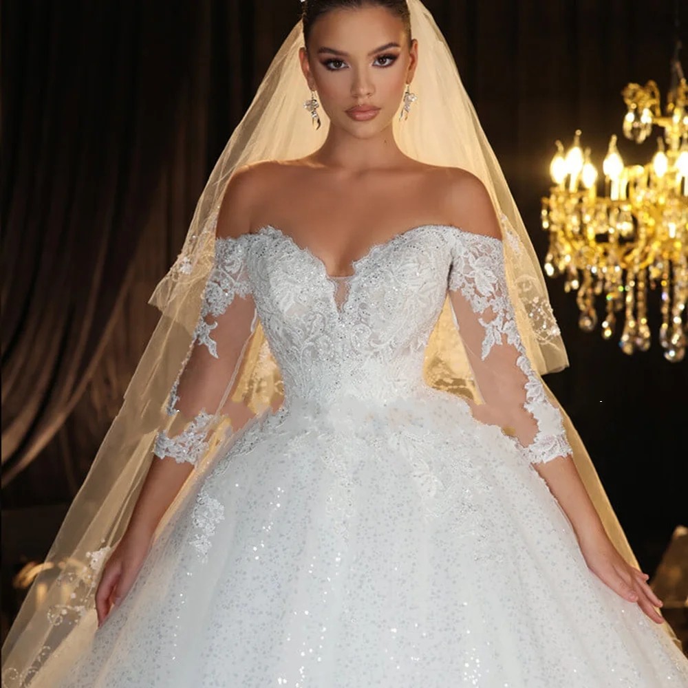 2025 New Shining A-Line Wedding Dress Three Quarter Sleeves Lace Beads Sequins Brides Gowns for Women Vestidos De Novia Customed Made