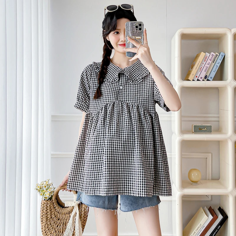 Sweet Pregnant Woman Summer Fashion Top Black White Plaid Shirts Short Sleeve Peter Pan Collar High Waist Maternity Blouses Cute 240629