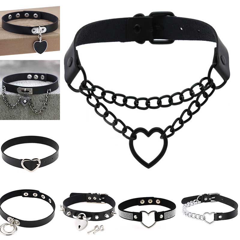 Black Leather Choker Necklace Adjustable Heart Ring Lock Charm Dog collar Necklace Collar for Women Girls Nightclub Party Gift Gothic Statement Fashio