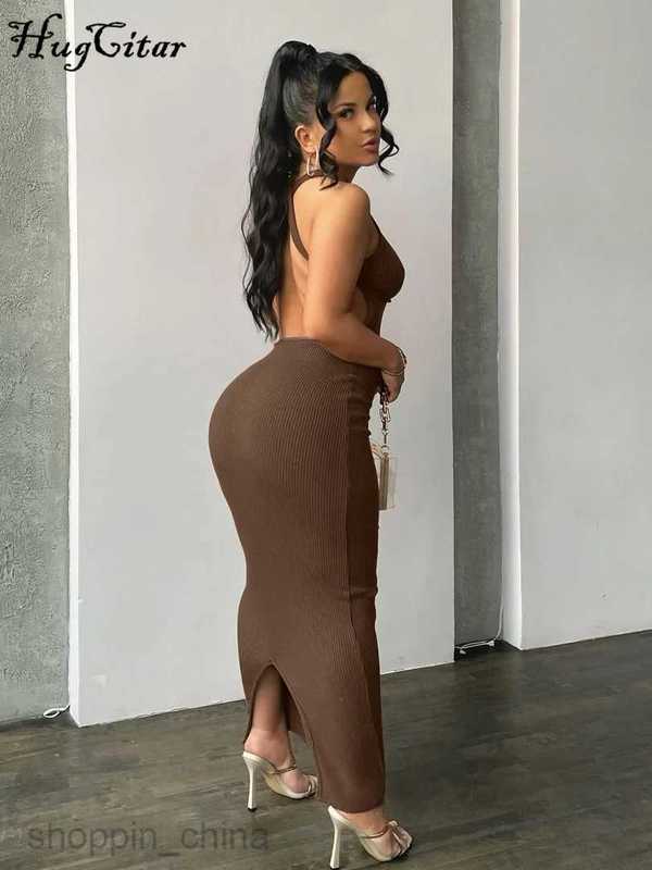 Basic Casual Dresses Hugcitar Ribbed Solid Hollow Out Backless Sleeveless Sexy Slit Mini Dress Bodycon 2024Summer Women Outfits Elegant Party Y2K