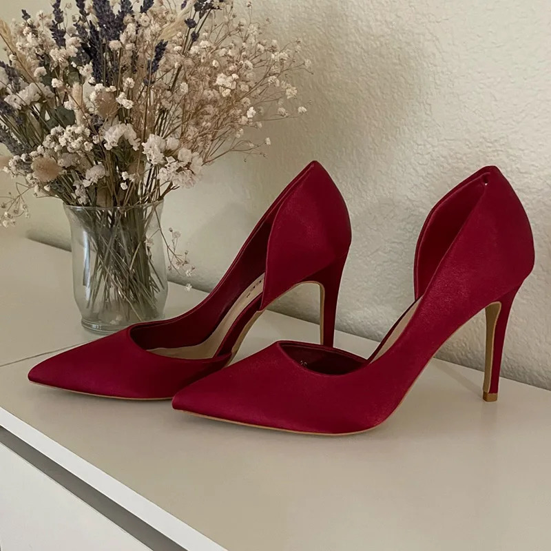 Women Fetish 9.5cm High Heels Royal Blue Wine Red Pumps Satin Stiletto Lady Escarpins Silk Wedding Party Prom Hollow Event Shoes 240619