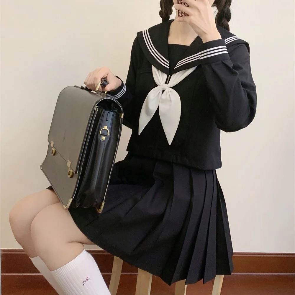 Japanese School Uniforms Style Student Girls Navy Costume Women Sexy Black JK Long Dress Suit Sailor Blouse Pleated Skirt Set 240617