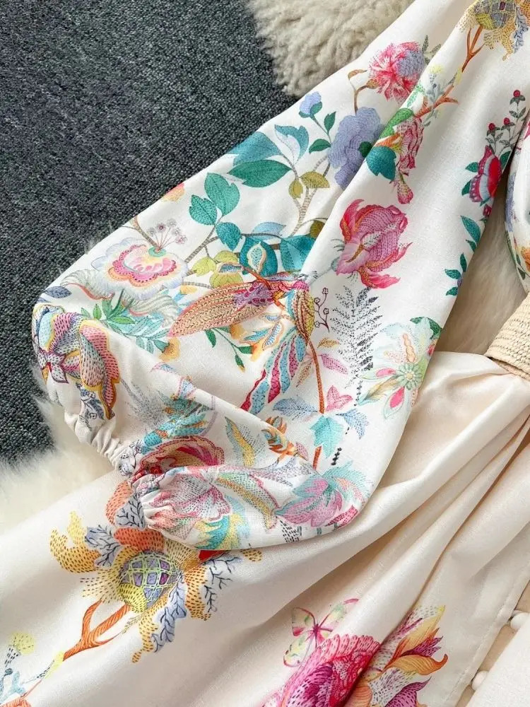 Spring Summer Floral Holiday Maxi Dress Womens Linen V Neck Long Lantern Sleeve Sashes Lace Trims Embroidery Robe Vestidos 240618