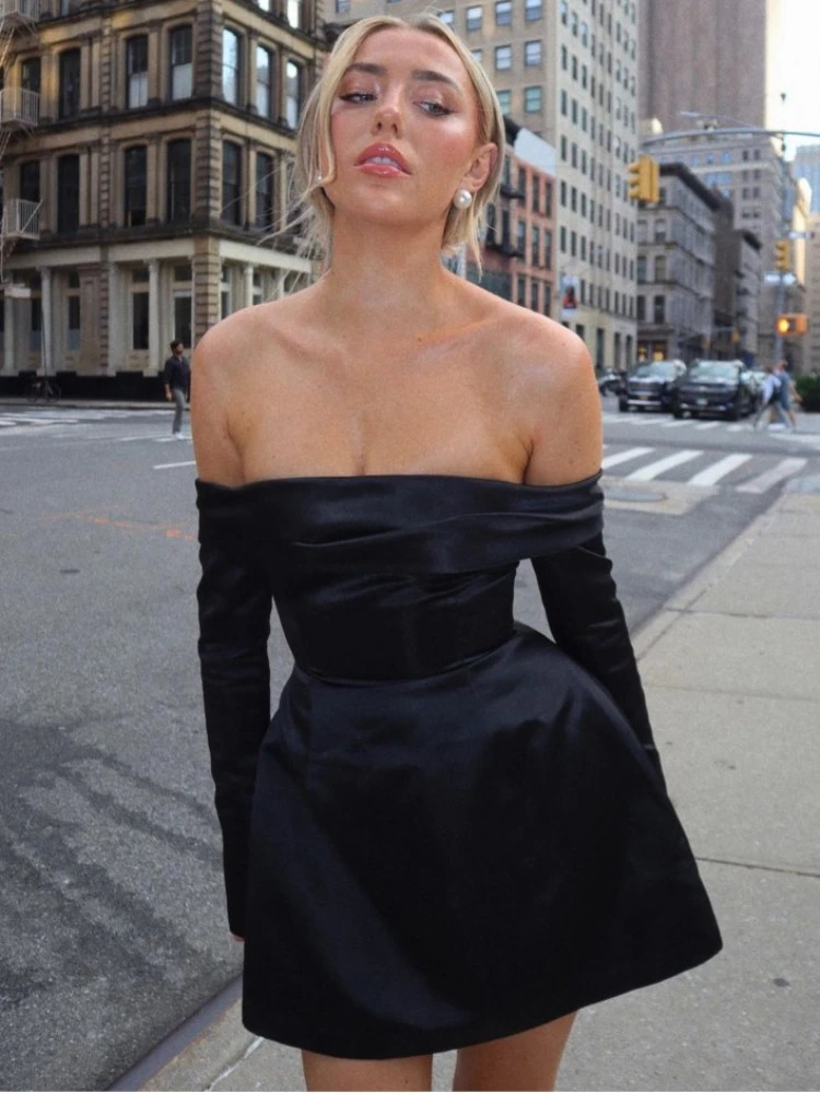 TARUXY Sexy Off Shoulder Mini Dress For Women Solid High Waist Long Sleeve Slits Aline Dresses Party Elegant Evening Dress Lady 240618