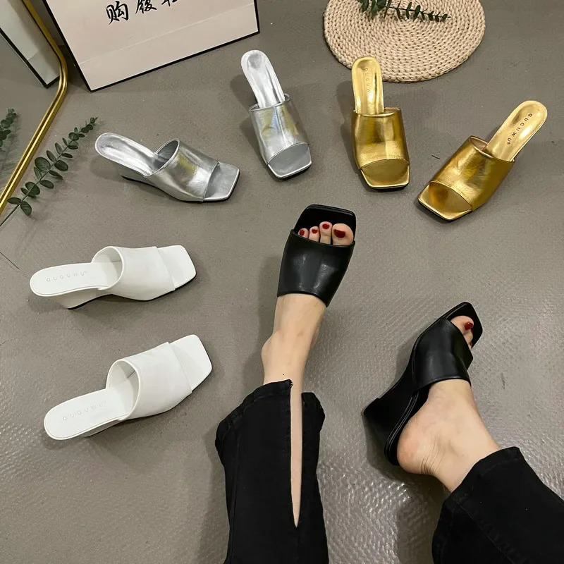 Retro Wedge Slippers Women Summer Wear Square Head Open Toe Thick Soled line Sexy High-heeled Slides 240704