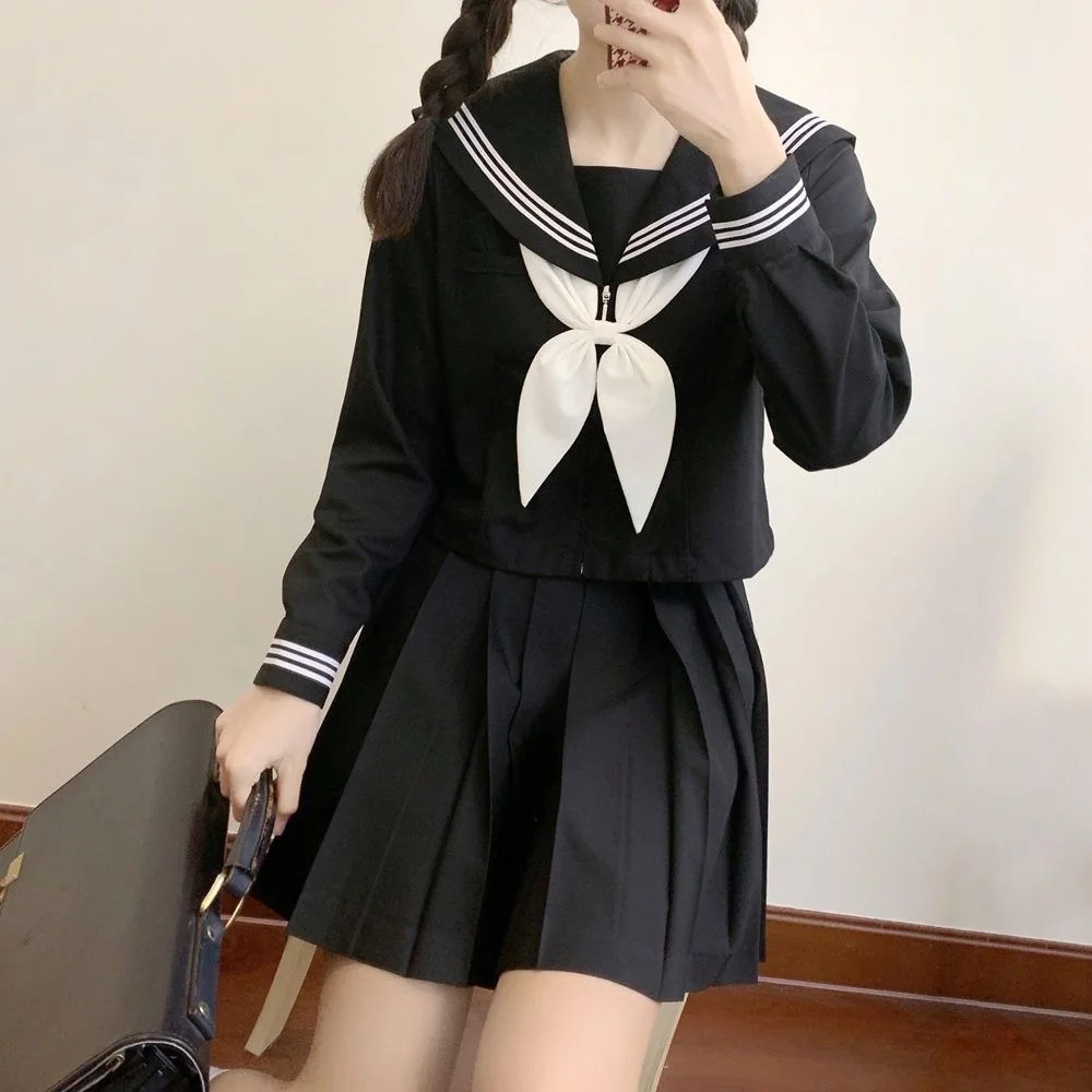 Japanese School Uniforms Style Student Girls Navy Costume Women Sexy Black JK Long Dress Suit Sailor Blouse Pleated Skirt Set 240617