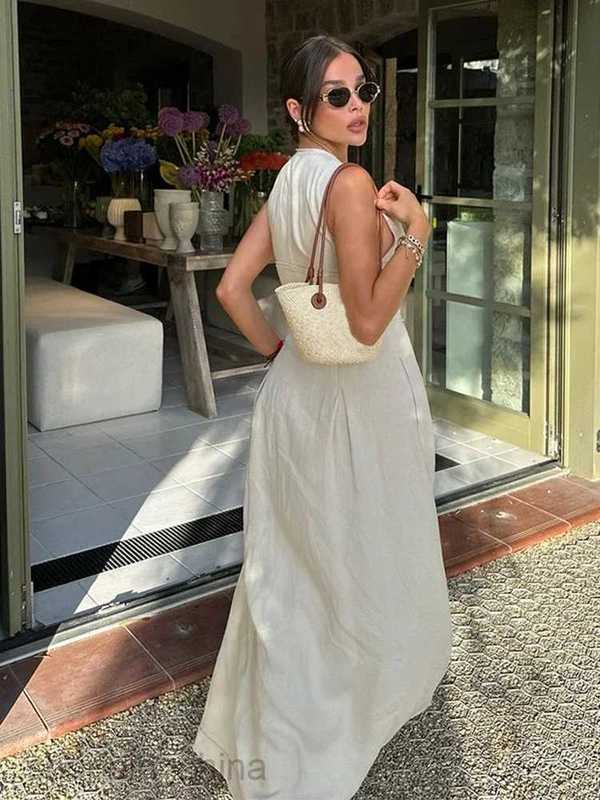 Basic Casual Dresses Fashion Sleeveless Spliced Zipper Maxi Dress Elegant V-neck High Waist Slim Pleated Long Dresses Summer Office Lady Street Robes