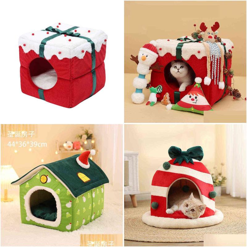 Dog Houses Kennels Accessories Christmas Cat House Kennel Puppy Cushion Small Dogs Cats Nest Winter Warm Slee Pet Bed Mat Supplies Dhwgz