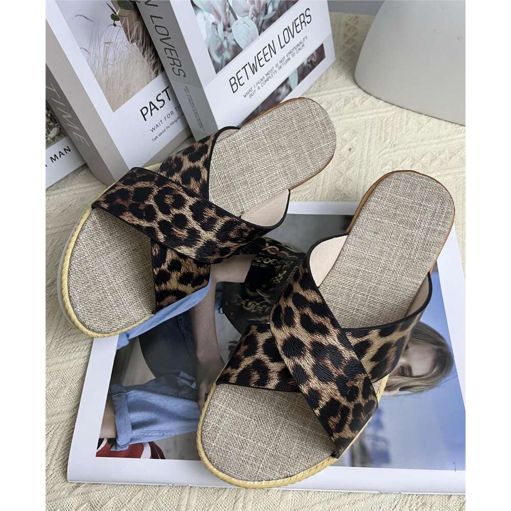 Size Summer Large New Women S Leopard Pattern Lazy Sexy Slope Heel Fish Mouth Slippers Ddmysaturn