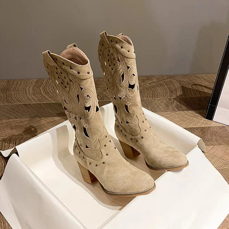 Hollow Embroidered Vintage Western Women Autumn Chunky Heels Knee High Cowboy Boots Woman Pu Leather Knight Booties 240619
