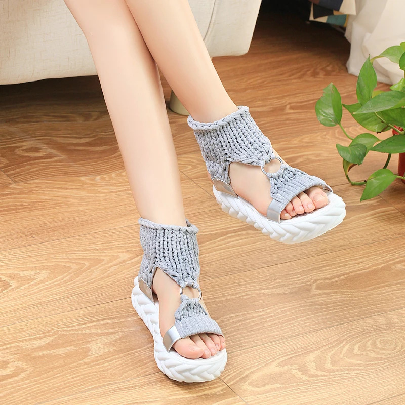Women Knitting Gladiator Sandals Summer Wool Shoes Thick-bottomed Sandals Solid Ladies Platform Sandali 240619