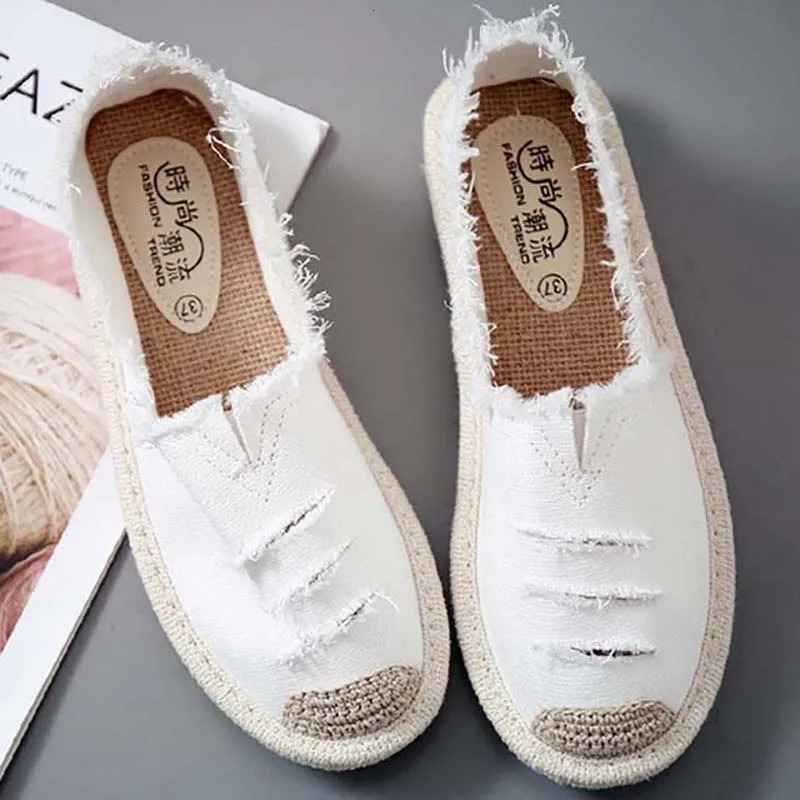 Womens Flat Slip On Canvas Summer Strap Loafers Straw Espadrilles Ladies Casual Comfort Ripped Slip On Lazy Shoes Female 240619