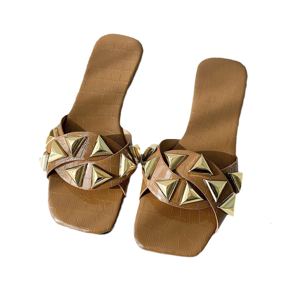 Summer Large Size New Women S Fashion Rivet Square Head Instagram Style Flat Bottom Slippers Ddmysaturn