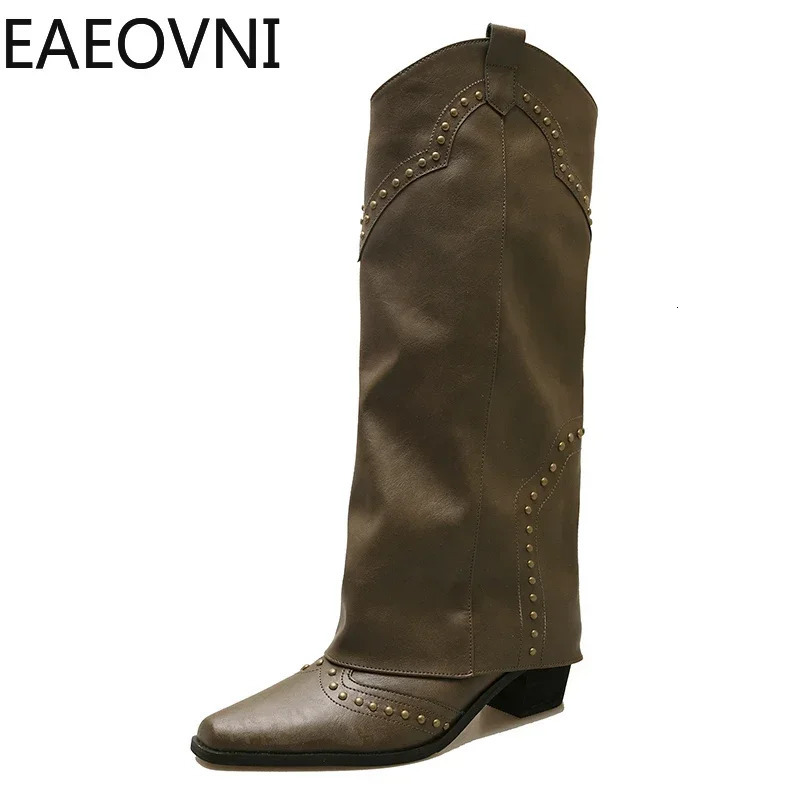 Slip On Woman Cowgirl Boots Fashion Ladies Elegant Square Low Heel Long Boots Shoes Womens Winter Footwear 240619