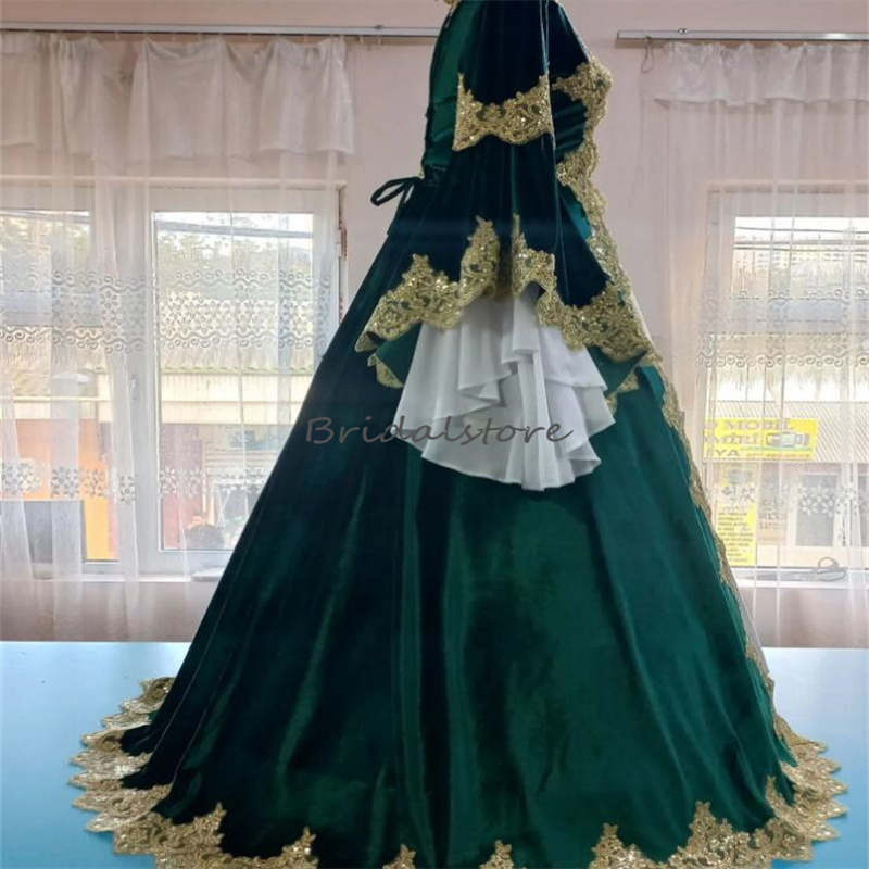 Muslimah Abaya Green Evening Dress 2024 Turkish Prom Dress Long Sleeve Nation Formal Dubai Moroccan Kosovo Vestio De Novias Engament Gold Appliques Fo