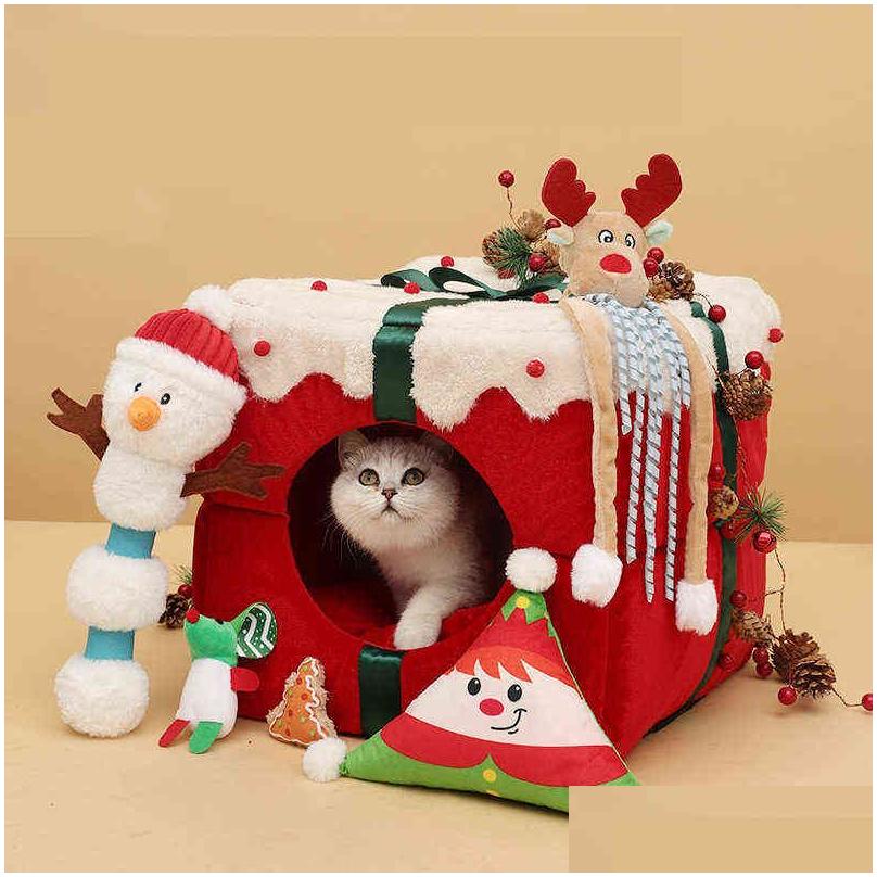 Dog Houses Kennels Accessories Christmas Cat House Kennel Puppy Cushion Small Dogs Cats Nest Winter Warm Slee Pet Bed Mat Supplies Dhwgz