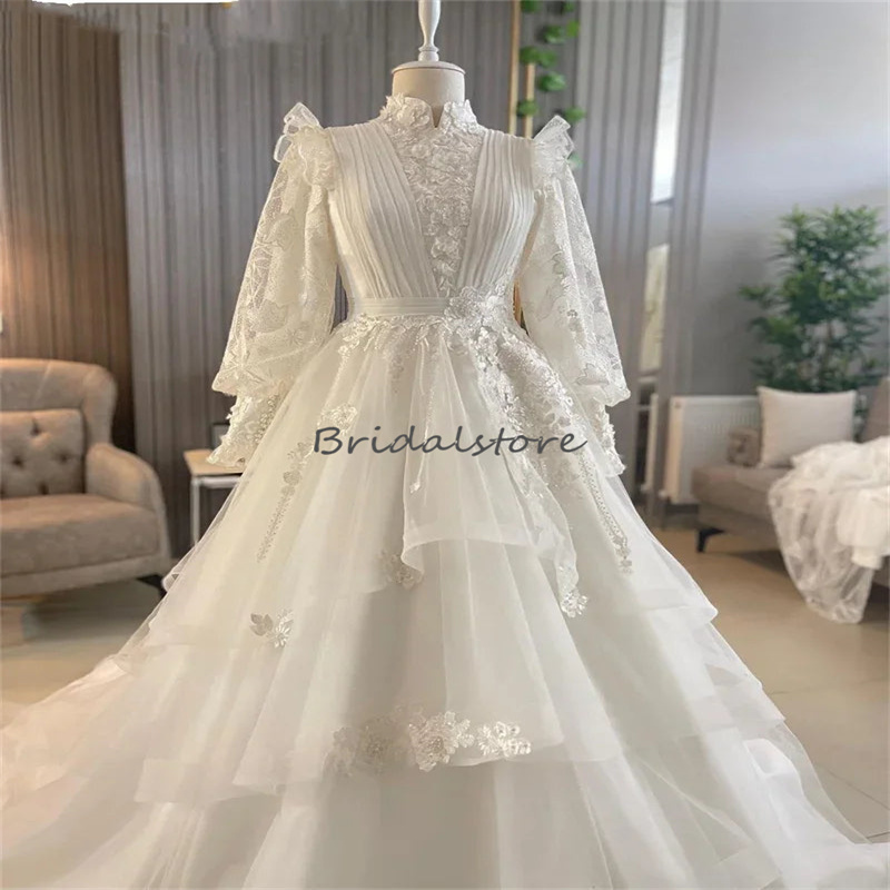 Stunning Boho Muslim Wedding Dresses Long Sleeve Lace Bohemian Civil Bridal Dress 2024 A Line Arabic Dubai Ruffles Country Bride Vestido De Casamento 