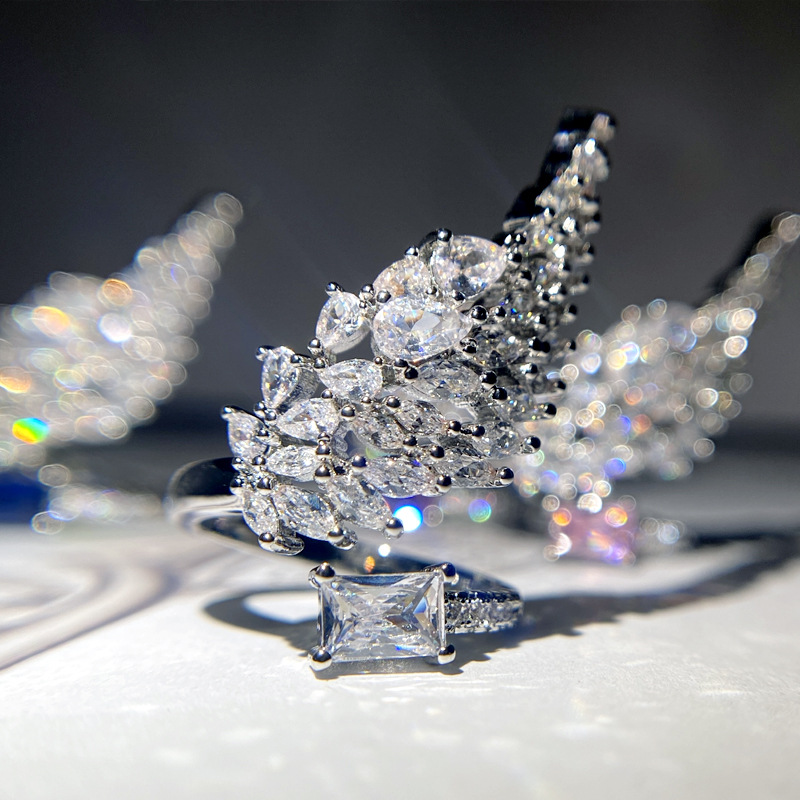 Sterg Marquise White Topaz Ring: Elegant Wedding Band for Women, Sier Sapphire CZ Angel Wing Design, Party & Goddess Style Jewelry Gift