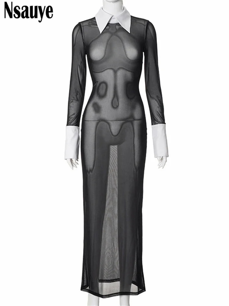 Nsauye Vintage Fashion Elegant Mesh Black Long Sleeve Bodycon Maxi Sexy Evening Dress Chic Party Club Blouse Dress 240618
