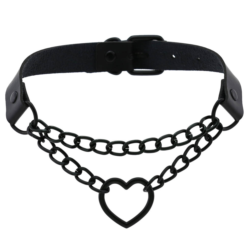 Black Leather Choker Necklace Adjustable Heart Ring Lock Charm Dog collar Necklace Collar for Women Girls Nightclub Party Gift Gothic Statement Fashio