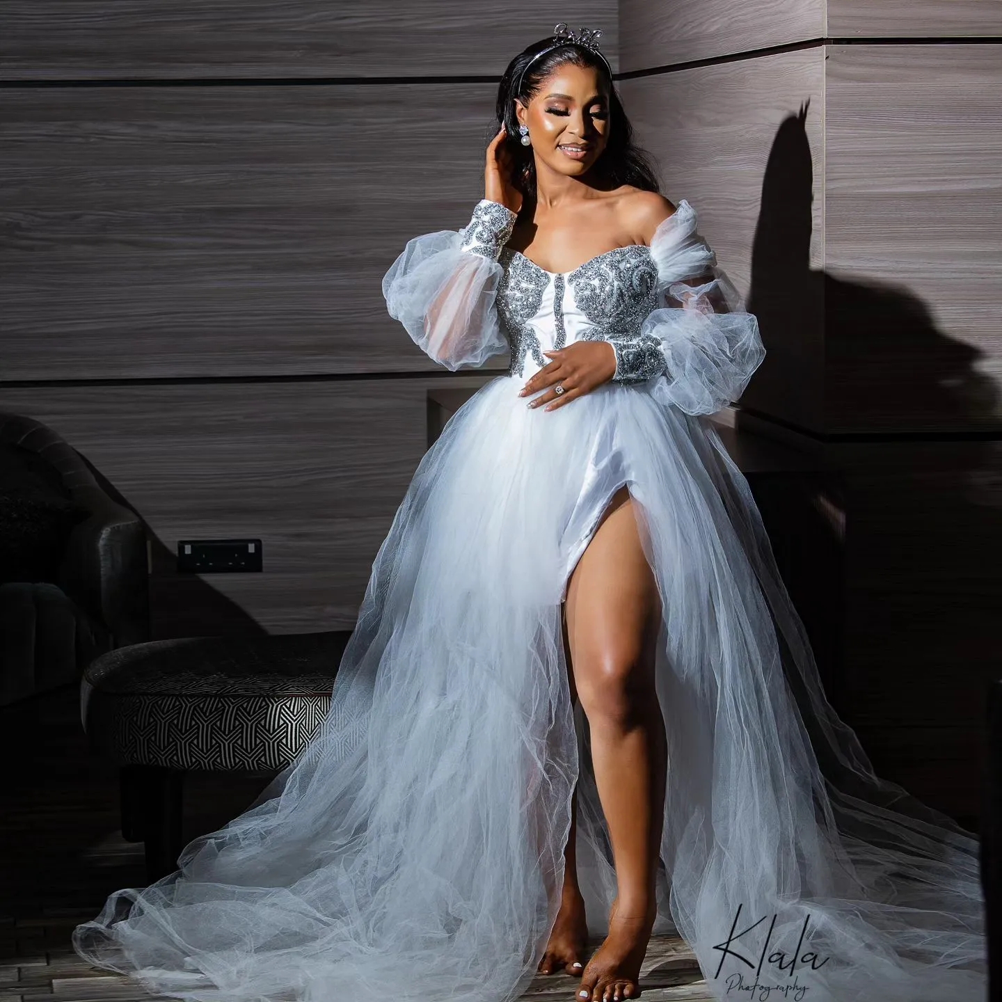 Wedding Charming Beaded Dresses Long Sleeves Side Split Bridal Gowns Off The Shoulder Neckline A Line Sweep Train Tulle Vestido De Novia