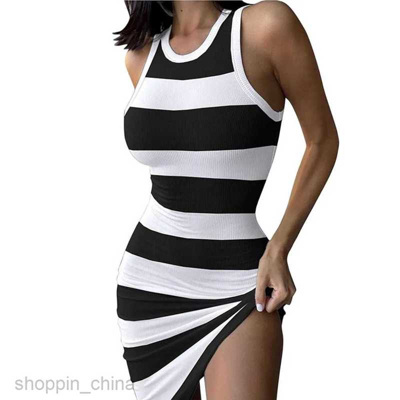 Basic Casual Dresses Summer Women Sundress Casual Women O-Neck Sleeveless Striped Print Boydcon Dress Slim A-Line Mini Stretch Vestidos