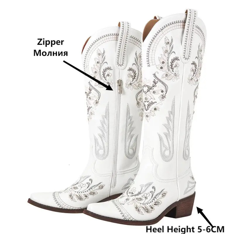 Onlymaker Women Embroidered White Western Cowboy Boots Block Heel Pull-On Pointed Toe Crystal Cowgirl Booties 240619