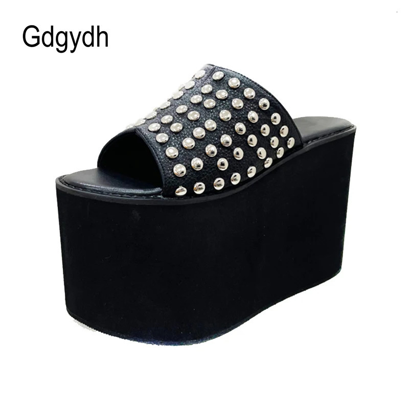Gdgydh Studded Womens Platform Sandals High Heels Wedge Open Toe Slip On Backless Mules Summer Slippers Shoes Big Size 240619
