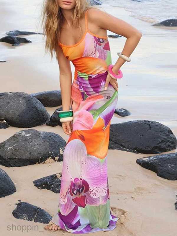 Casual Dresses Floral Print Sleeveless Slips Slit Sexy Bodycon Maxi Prom Dress Summer Women Elegant Y2K Party Club Long Robe Outfits