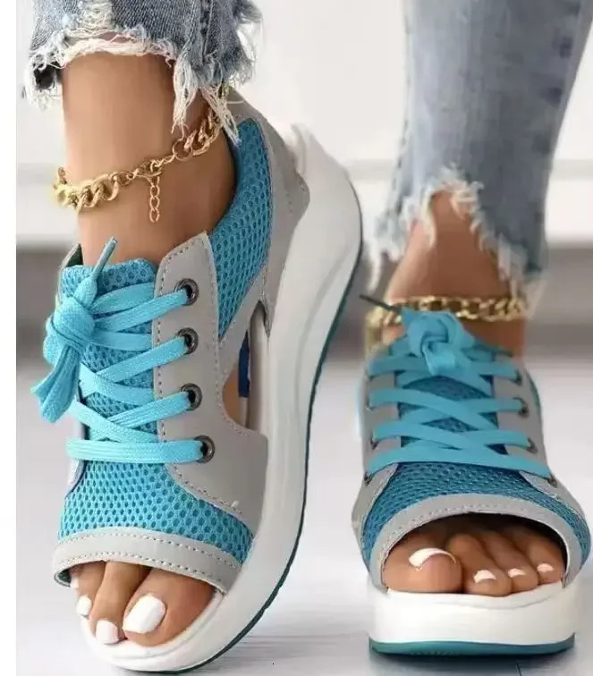 Women Fashion Casual Flat Peep Toe Contrast Paneled Cutout Lace-Up Muffin Sandals Woman Platform Sport Sandalias 240619