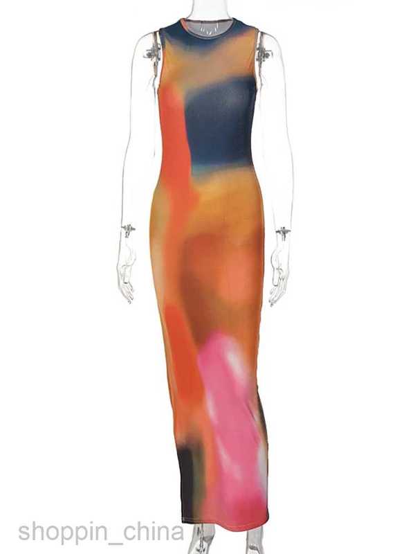 Casual Dresses Hugcitar Tie Dye Print Ribbed Midi Dress For Women Summer Outfits Bodycon Side Slit Y2K Outfits Sexy Streetwear Long Dress