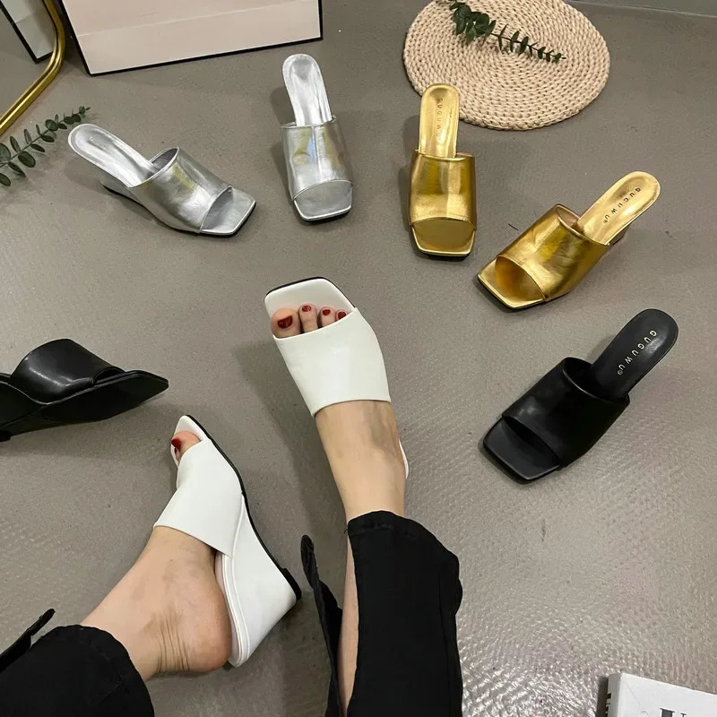 Retro Wedge Slippers Women Summer Wear Square Head Open Toe Thick Soled line Sexy High-heeled Slides 240704