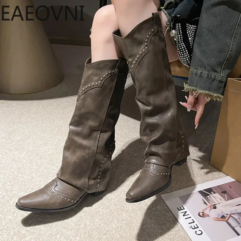 Slip On Woman Cowgirl Boots Fashion Ladies Elegant Square Low Heel Long Boots Shoes Womens Winter Footwear 240619