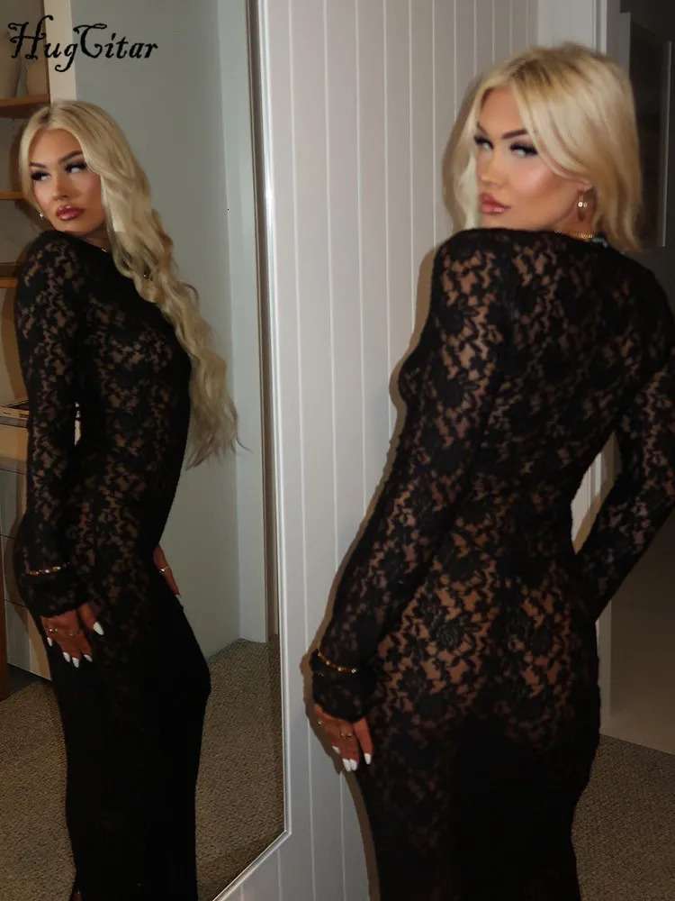 Hugcitar Floral Print Long Sleeve Sexy Bodycon Sheer See Through Maxi Dress Fall Women Fashion Streetwear Party Outfit Y2K 240615