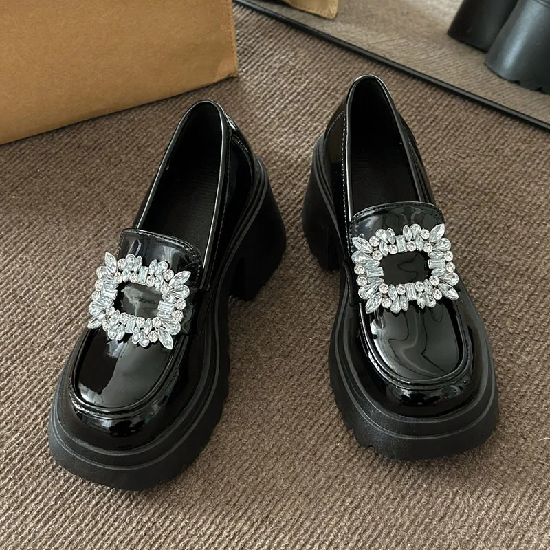 rhinestone Chunky Loafers Women Platform shoes mary janes Casual Leather Slip On Ladies shoes beige Fashion Spring College style 240619