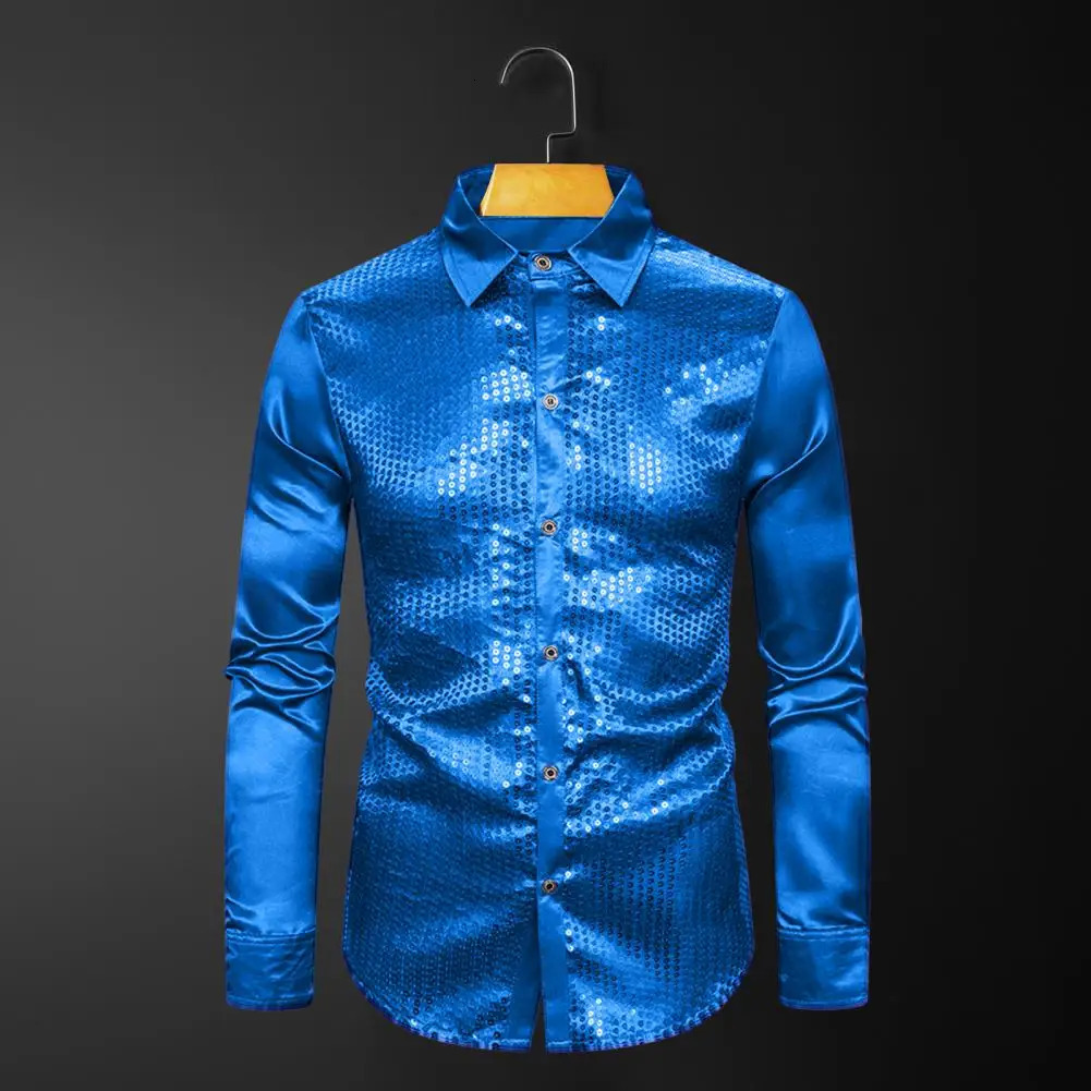 Men Shirt Club Dance Shirt Shiny Sequin Lapel Single-breasted Slim Fit Glossy Long Sleeve Performance Men Top 240615