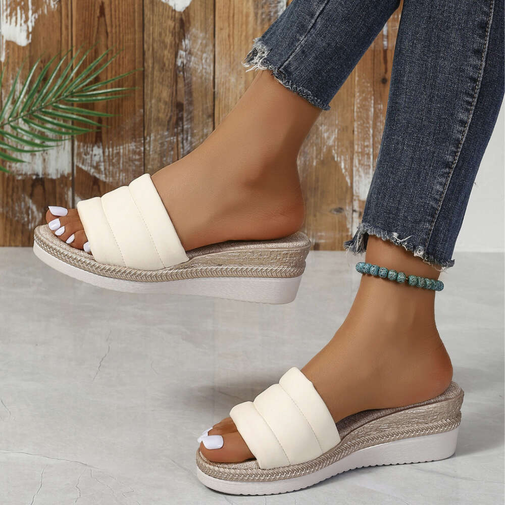 Summer Large Size New Women S Minimalist Solid Color Instagram Style Slope Sole Sandals One Line Sandals Ddmysaturn