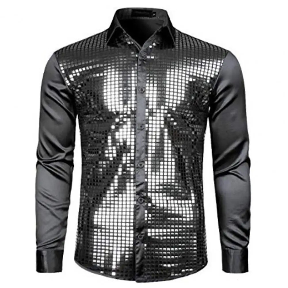 Men Shirt Club Dance Shirt Shiny Sequin Lapel Single-breasted Slim Fit Glossy Long Sleeve Performance Men Top 240615