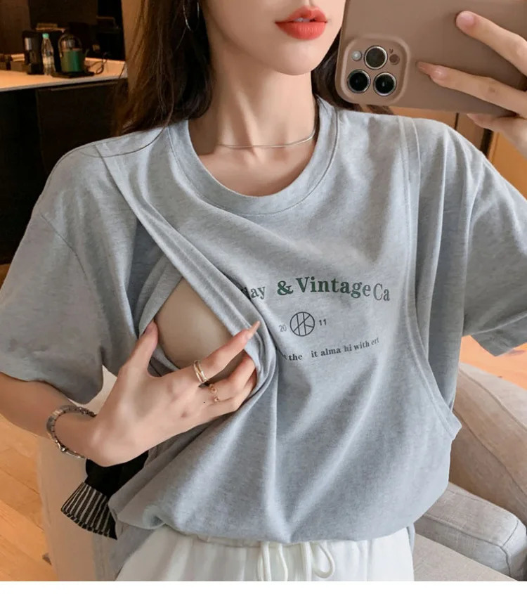 Solid White Letter Printed Cotton Maternity Nursing Tees Breastfeeding t shirts for Pregnant Women Summer Pregnancy T-shirt Tops 240629