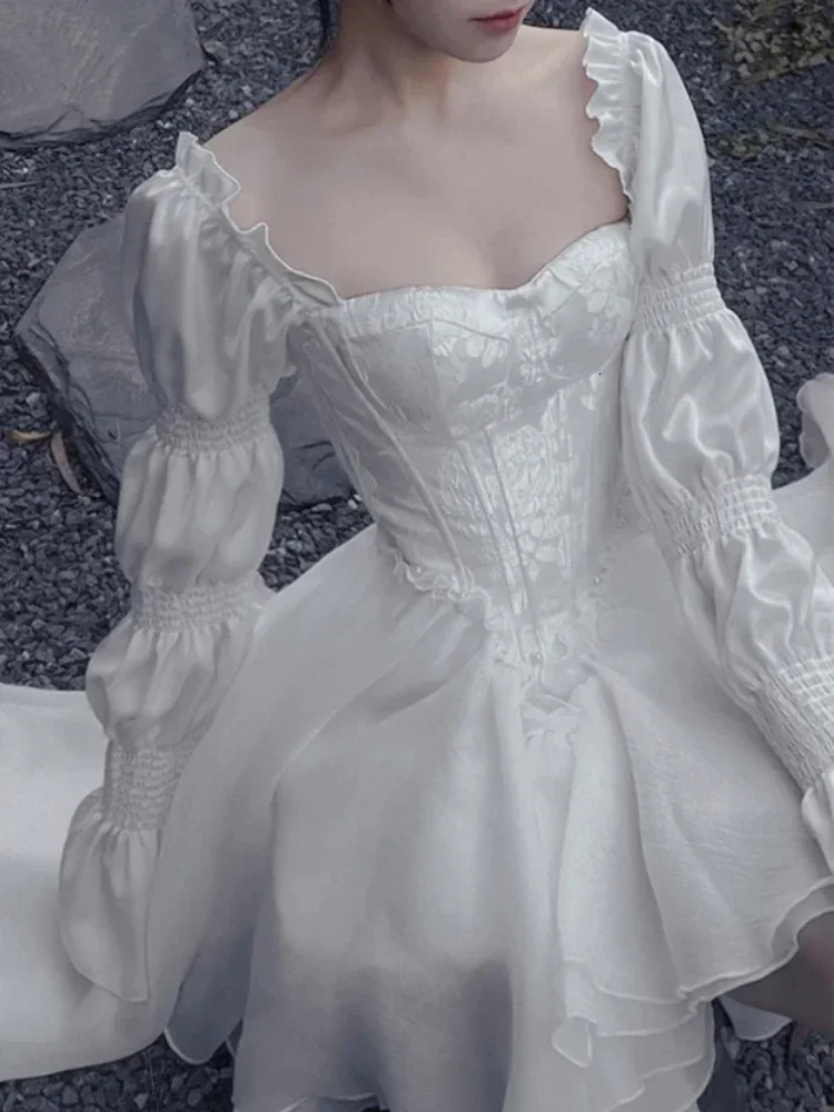 Pure Color Fairy Midi Dress Women White Elegant Evening Party Dress Beach Spring Casual Long Sleeve Fashion Dress Korean 240618