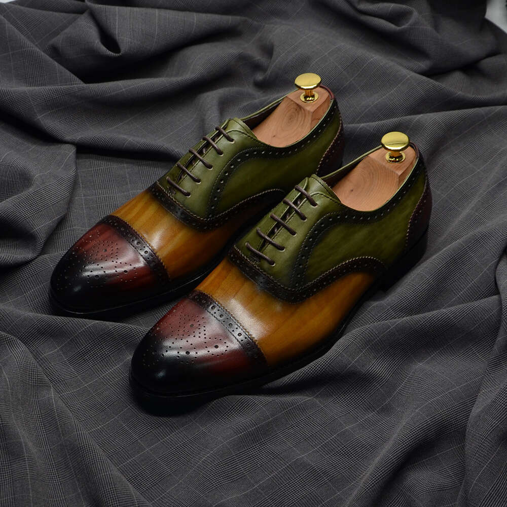 End Handmade High Top Layer Cowhide Italian Classic Green Brown Red Color Block Men S Shoes Summer Business Dress Leather For Ddmysaturn