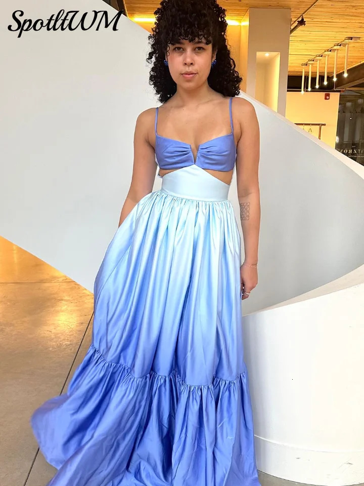 Sexy Lowcut Waist Hollow Out Backless Sling Dress Women Blue Gradient Patchwork Pleated Dresses Chic Evening Party Vestido 240618