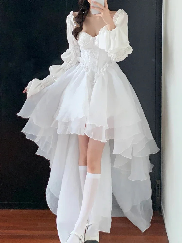 Pure Color Fairy Midi Dress Women White Elegant Evening Party Dress Beach Spring Casual Long Sleeve Fashion Dress Korean 240618