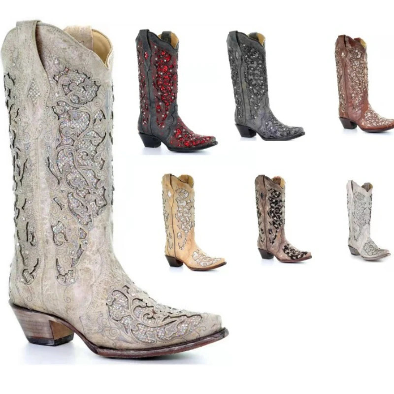 Drop Vintage Rhie Hollow Out wer Western Cowboy Boot Pointed High Heel Knight Large WomenS Boots 35-45 240619