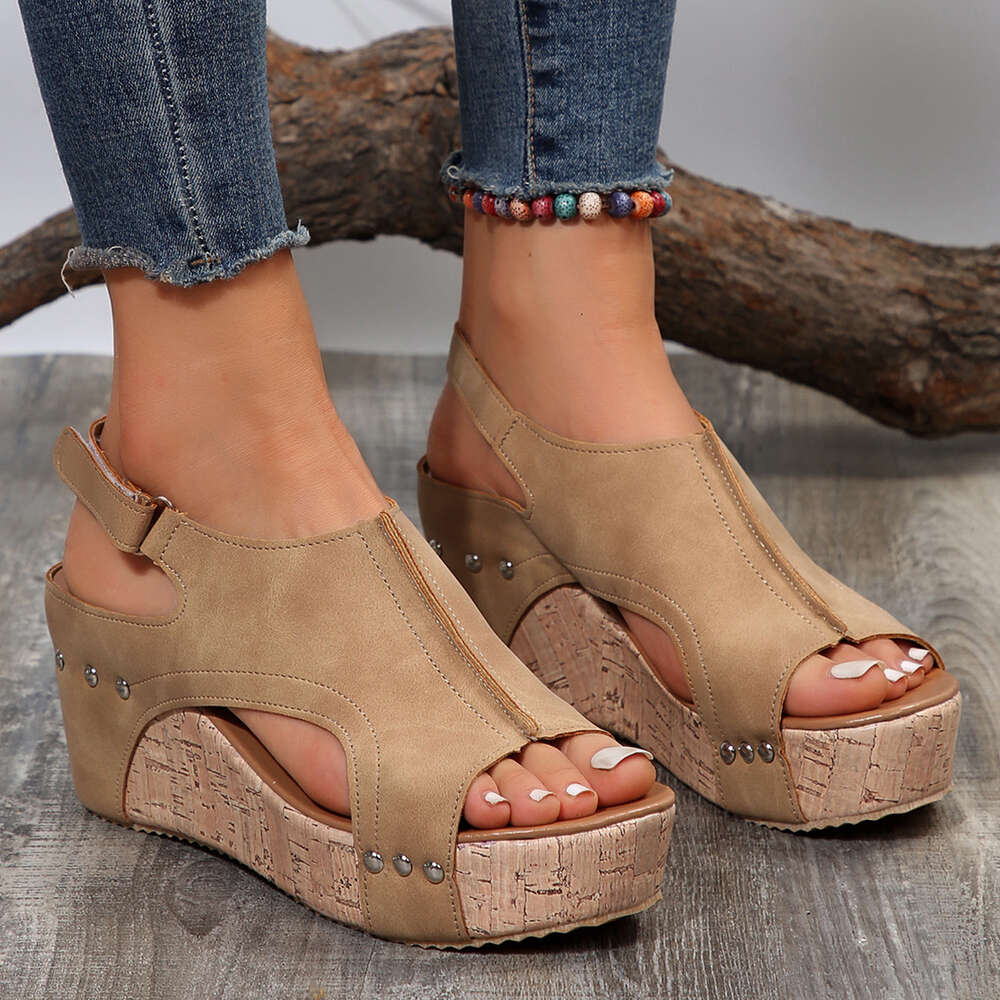 Size For Large With Fish Beak Rivet Slope Heels Sandals Women Shoes Ddmysaturn