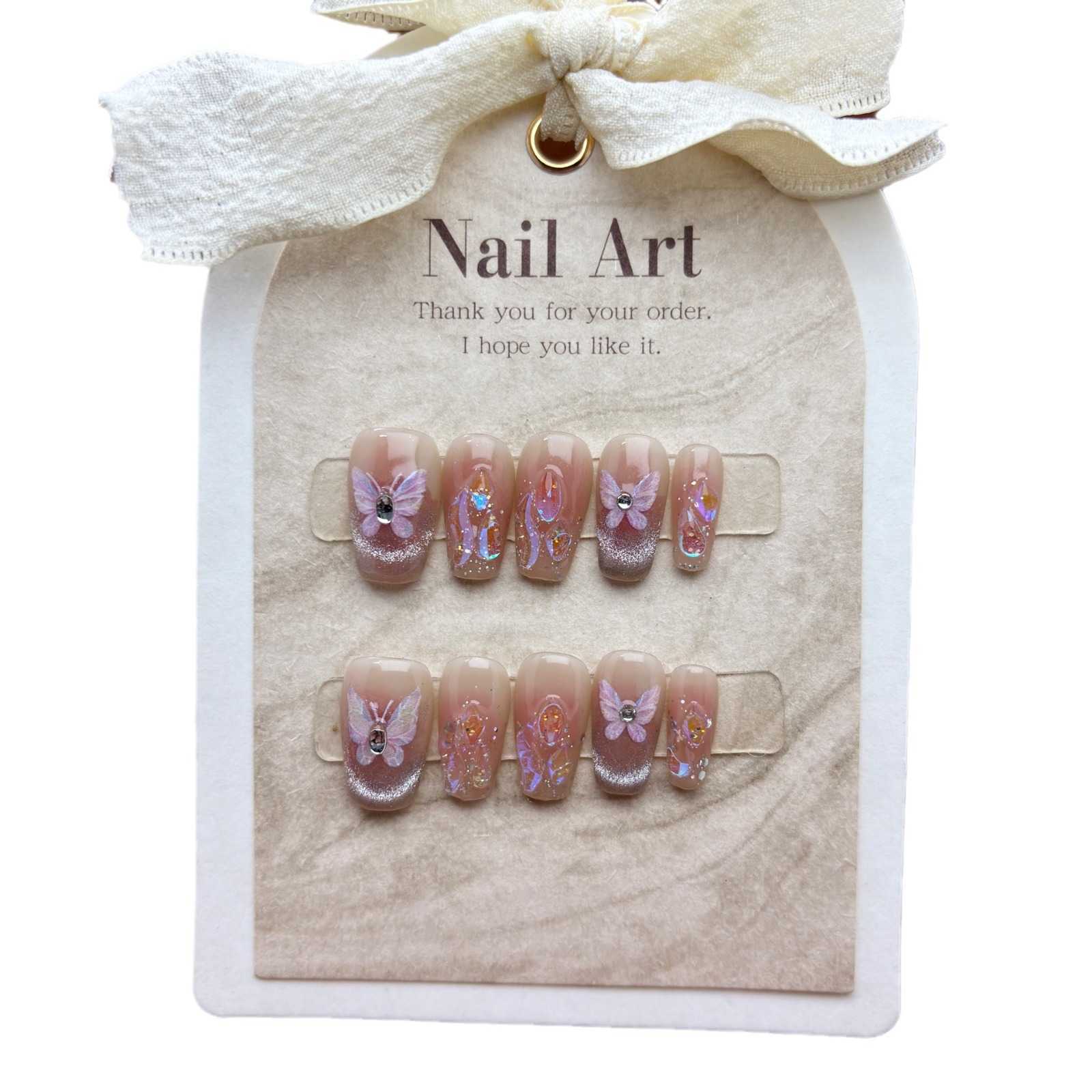 Girls False Nails Temperament Naked Handmade Wearing Nail White Stone Shell Butterfly Detachable Phototherapy Nail Panel 240530