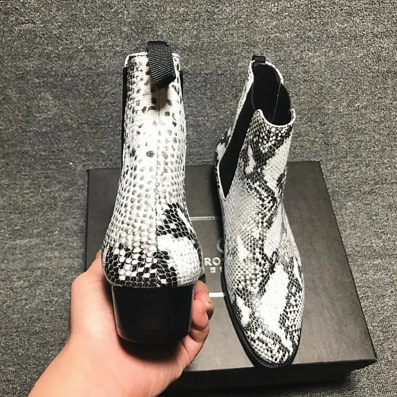 Pointy Toe Boots For Men Snake Print Chelsea Boots Men Fashion Men Shoes Leather 14#21/10d50 240619