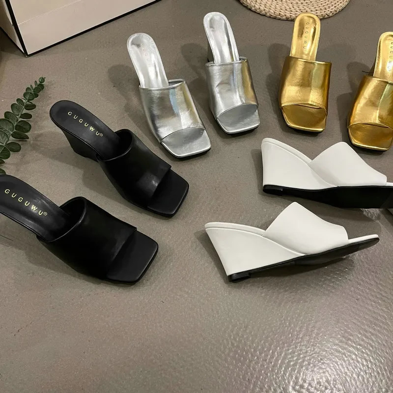 Retro Wedge Slippers Women Summer Wear Square Head Open Toe Thick Soled line Sexy High-heeled Slides 240704